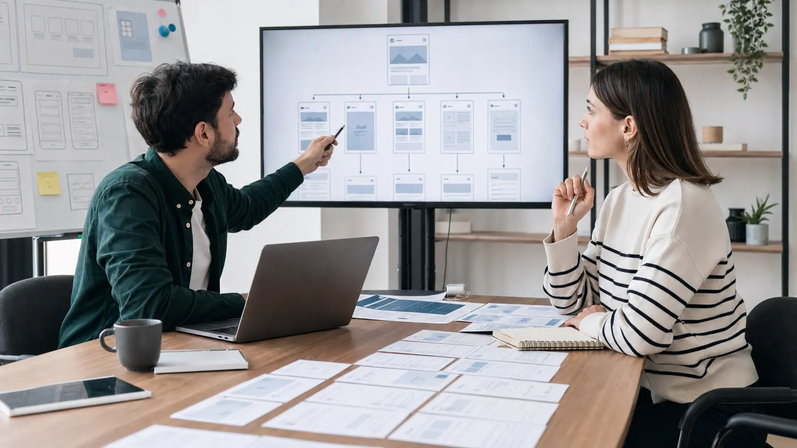 Consultor e designer planejando a arquitetura de um site com SEO.