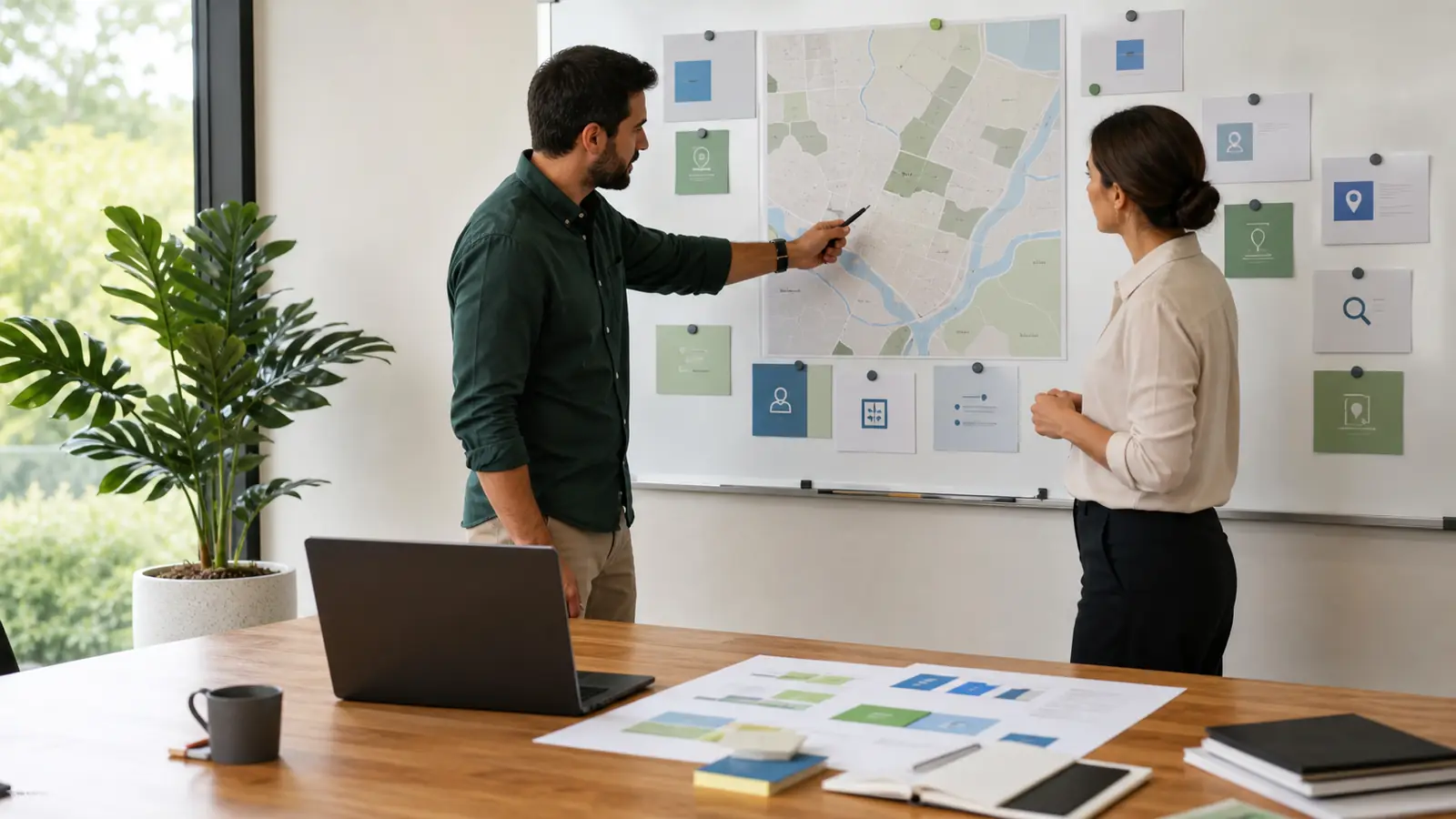 Consultor mapeando serviços e regiões prioritárias em uma estratégia de SEO Local.